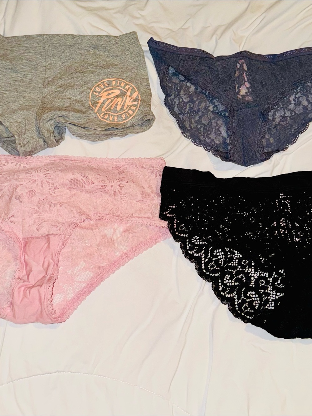 NWT PINK Victoria's Secret  3 Lace Panty Set Pink, Black, Grey & 1 boy short